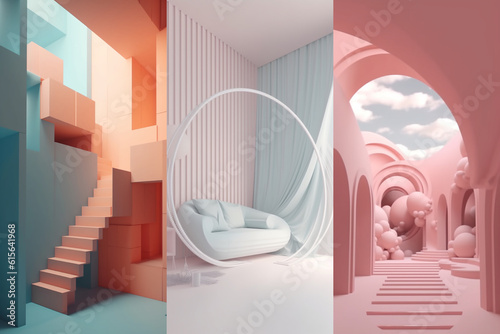 Colorful empty modern architecture interiors (liminal spaces) bundle of 3 vertical images