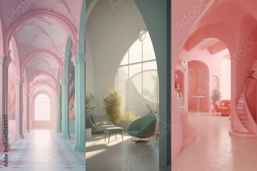 Colorful empty modern architecture interiors (liminal spaces) bundle of 3 vertical images