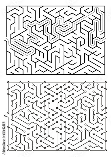 Circuit Maze: A Vector Illustration of an Electronically-themed Labyrinth. This vector illustration showcases a labyrinth designed in the style of an electronic circuit board.