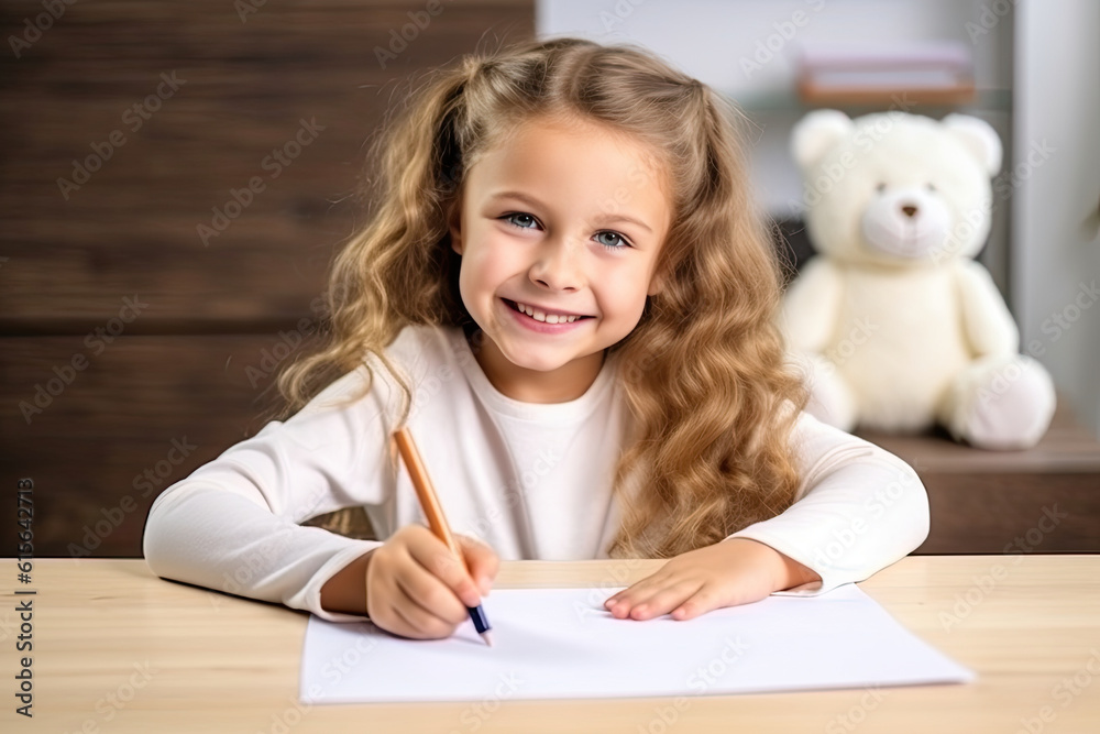 little girl drawing with pencils while sitting at table at home little girl drawing with pencils while sitting at table at home
