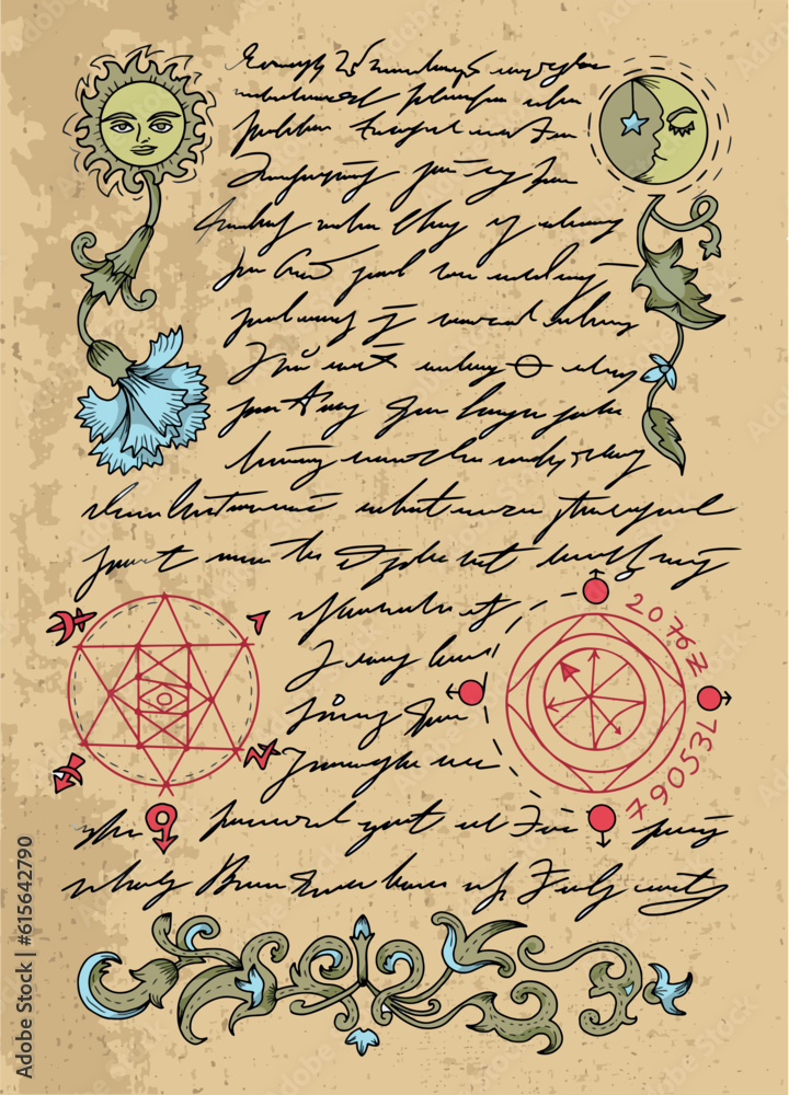 Vector Page with magic spells, pentagram and drawings from witch book ...