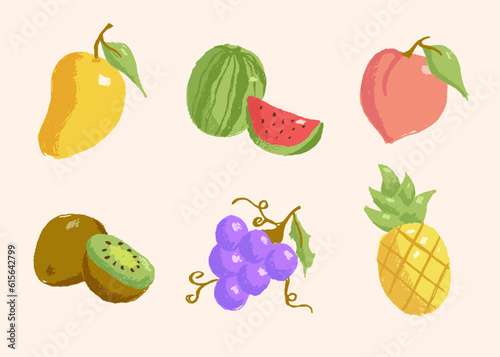 Pack de ilustraciones dibujadas a mano de coloridas frutas, set de frutas coloridas, mango, sandia, uva, kiwi, durazno, piña, 