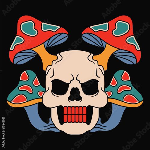 Vector Retro Tattoo Illustration of Skull Head with Mushroom