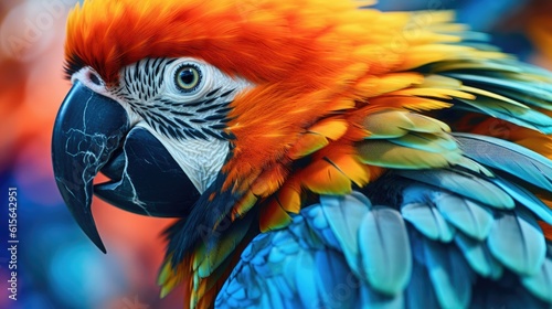 close-up of the colorful plumage of a macaw, detailed and realistic, generative ai