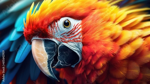 close-up of the colorful plumage of a macaw, detailed and realistic, generative ai photo