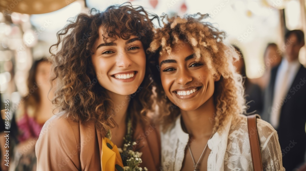 Obraz premium Smiling multiethnic lesbian couple posing the day of their wedding.