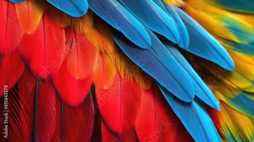a close-up of a colorful macaws feathered wing, detailed and realistic, generative ai