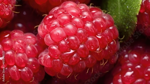 close-up of a ripe raspberry showing its texture, detailed and realistic, generative ai