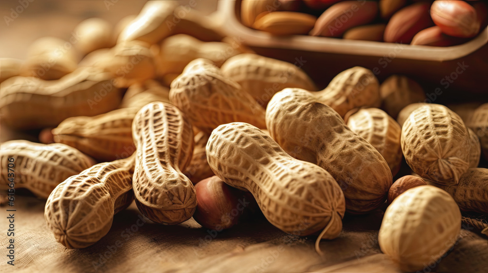 Still life capture showcases fresh peanuts scattered on rustic sackcloth Still life capture showcases fresh peanuts scattered on rustic sackcloth