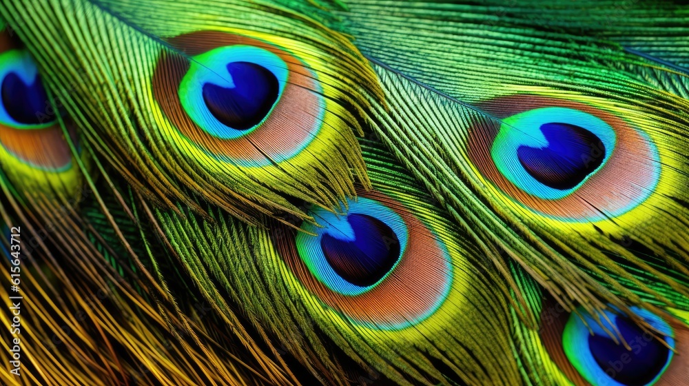 Fototapeta premium the vibrant colors of a peacock feather up close, detailed and realistic, generative ai