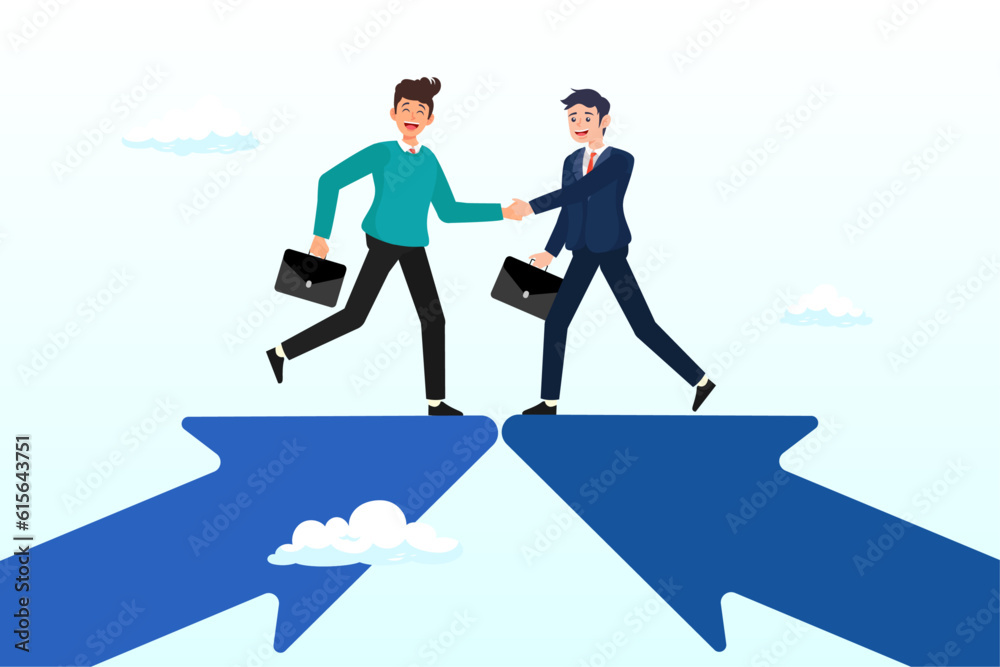 Businessmen handshake on growth arrow joining connection agree to work together, cooperation partnership, work together for success, team collaboration, agreement or negotiation, collaborate (Vector) Businessmen handshake on growth arrow joining connection agree to work together, cooperation partnership, work together for success, team collaboration, agreement or negotiation, collaborate (Vector)