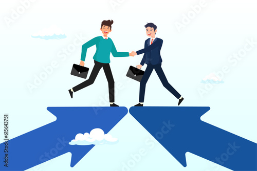 Businessmen handshake on growth arrow joining connection agree to work together, cooperation partnership, work together for success, team collaboration, agreement or negotiation, collaborate (Vector)