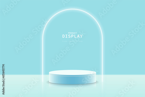 Abstract clean empty studio room. Blue 3d cylinder podium pedestal realistic with glowing arch shape. Minimal scene for mockup. 3D stage for showcase. 3d vector geometric platform design.