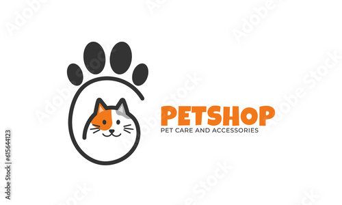 Pet shop logo design. Cute cat outline with paw illustration
