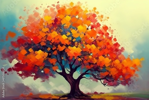 An Illustration of a Colorful Autumn Tree Painted on Canvas. Created With Generative AI Technology