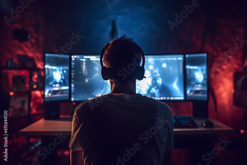 Person gaming facing a monitor