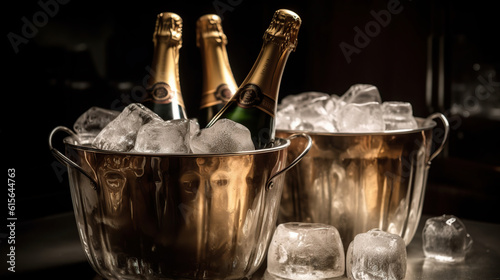 champagne bottles chilling in an ice bucket