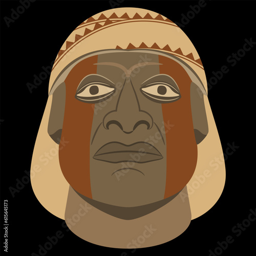 Head of a Moche man. Native American art of ancient Peru. Indigenous male portrait. On black background.