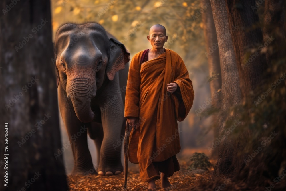 Monks and elephants in the jungle, Thailand