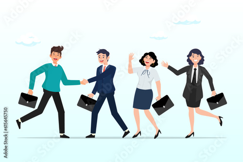 Businessman manager handshake welcome and introduce new staff to team, onboarding new employee, warm welcome to new office, introduce new hire to colleagues, orientation training on first day (Vector)