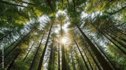 トウヒの木の緑の森、見上げる。木々を通して輝く太陽光線、自然の背景GenerativeAI