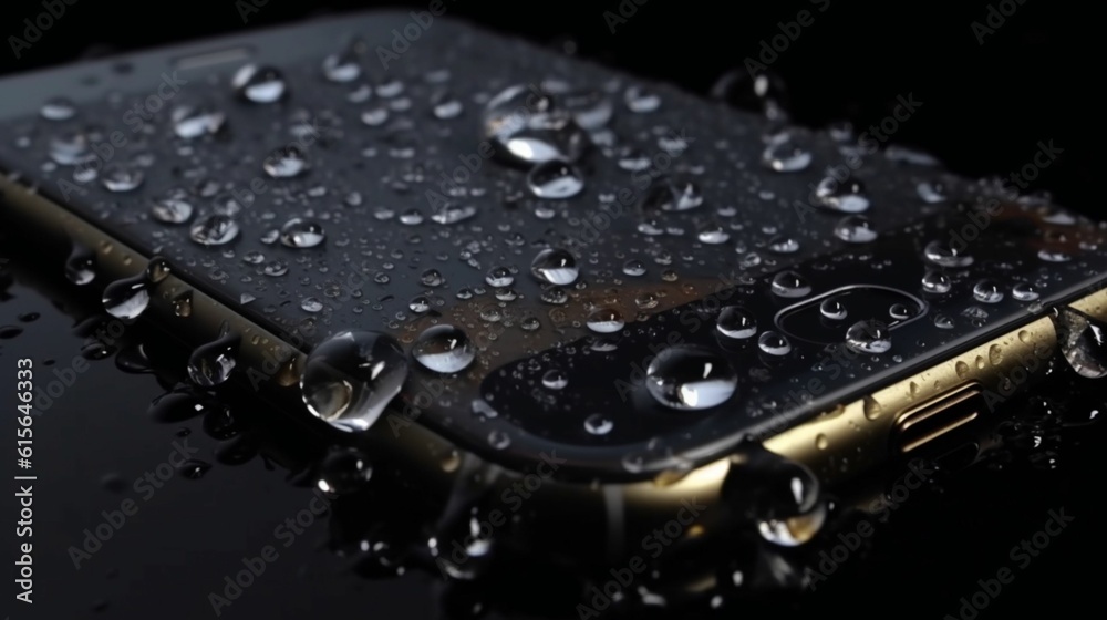 水滴の中のスマートフォン、防水電話、濡れた電話。スマートフォンGenerativeAI - obrazy, fototapety, plakaty 