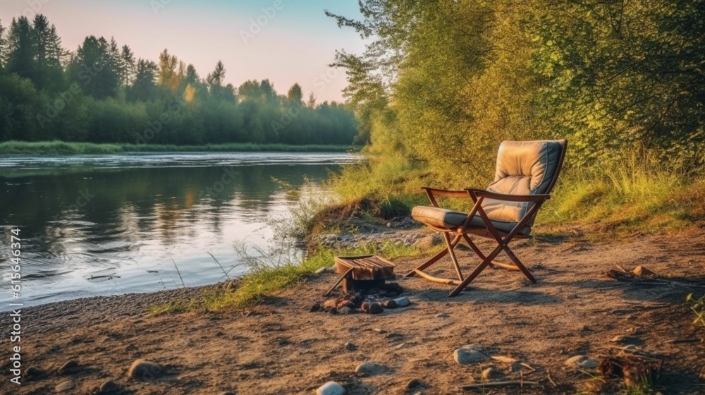 川岸のほとりにある空の観光椅子。川キャンプ用の椅子。美しい自然、川、キャンプチェア。夢のような夏休み、水辺でリラックスGenerativeAI