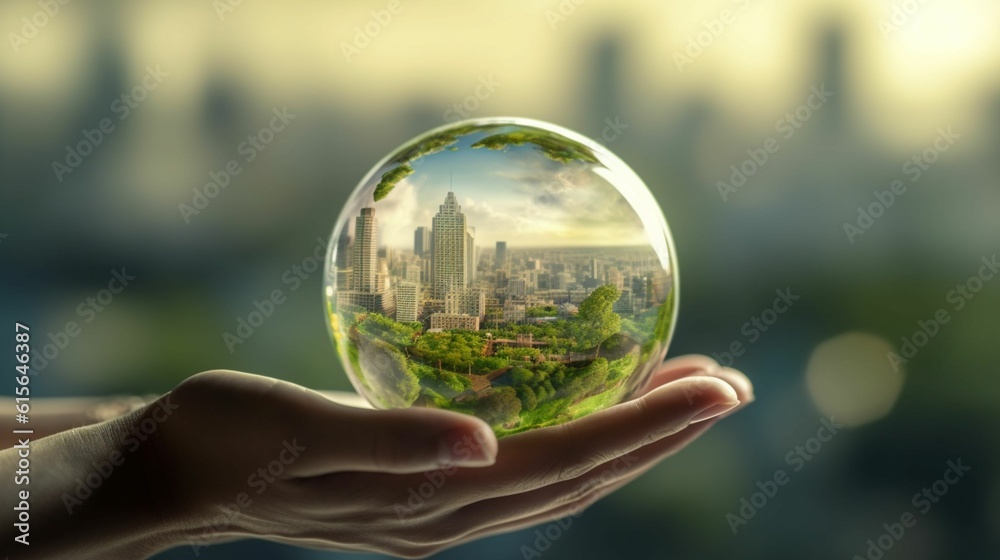 都市が入ったガラスの地球儀を持っている手。エコグリーンシティのコンセプト。グリーン エネルギー、ESG、再生可能資源。環境への配慮GenerativeAI