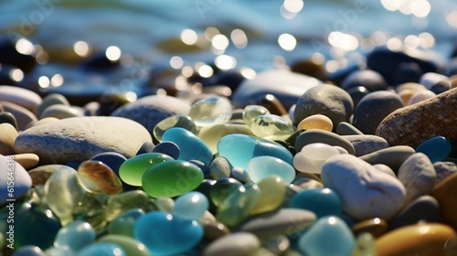 自然なポリッシュテクスチャーのシーグラスと海岸の石。緑、青の光沢のあるガラスとマルチカラーの海の小石のクローズアップ。ビーチの夏の背景。波のある澄んだ海水GenerativeAI