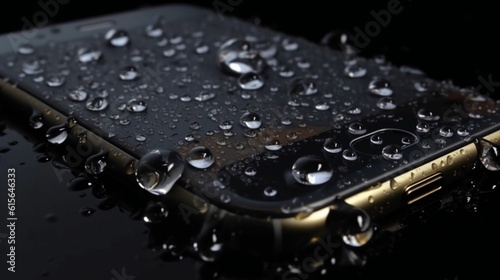水滴の中のスマートフォン、防水電話、濡れた電話。スマートフォンGenerativeAI