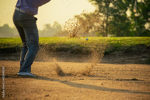 Golfer's legs in the bunker amid the warm sunlight in the morning There is a golf ball and sand grains that are floating in the background.