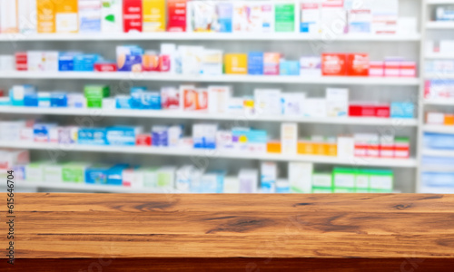Wooden counter with blurred pharmacy background. Table in the foreground for displaying products.
