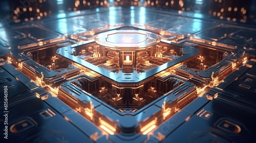 Quantum computer technology concept. Deep learning artificial intelligence. Big data algorithms visualization for business, science, technology.
Created with generative AI technology.