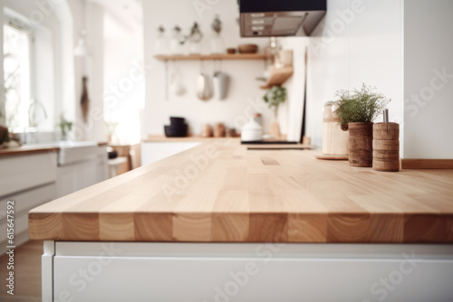 Fotografiet Wooden light empty table top in modern white kitchen, kitchen panel in interior
