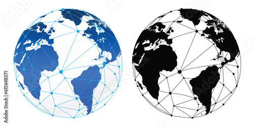 connection lines indicate technology of communication in world goal map, futuristic blue colors and black and white