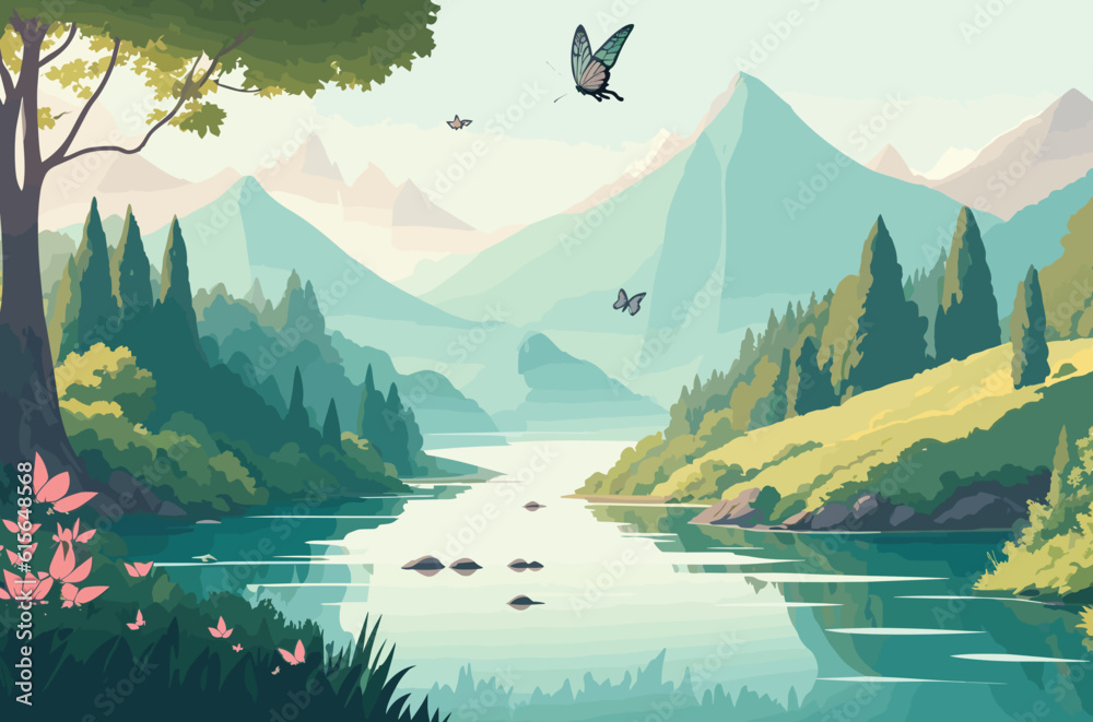 vector background illustration inspired by nature, landscape with mountains, a flowing river, and lush greenery. trees, birds, or butterflies