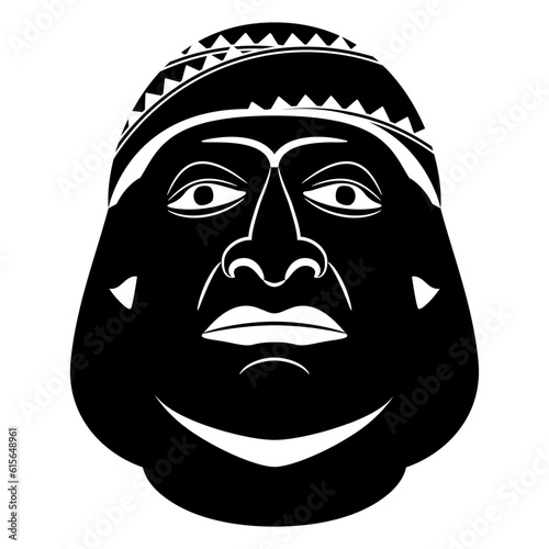 Head of a Moche man. Native American art of ancient Peru. Indigenous male portrait. Black and white silhouette.