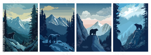 A bear silhouette atop a mountain range, in the style of dark azure and gray, vector illustration