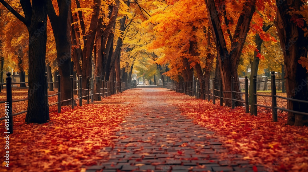 Vibrant colors of autumn with a tree lined pathway covered in a carpet of red orange and gold leaves, Generative AI