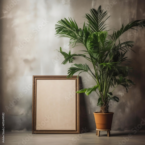 plain frame on the shelf white background with plant