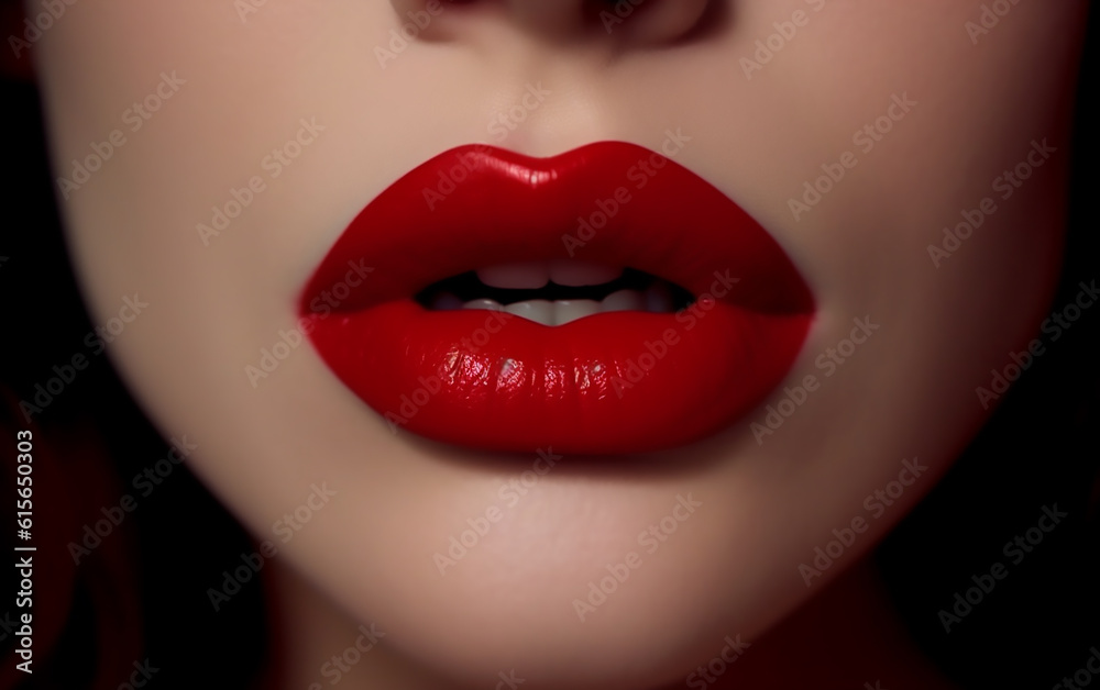 Fototapeta premium Close up portrait of a woman with red lips. Generative AI technology.