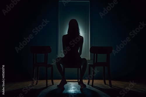 silhouette of a women in depress with dark gloomy light. Content created with generative AI software