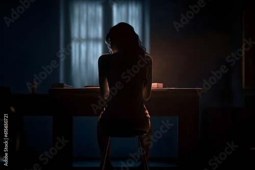 silhouette of a women in depress with dark gloomy light. Content created with generative AI software
