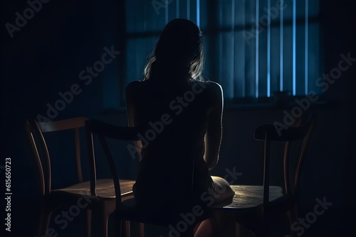 silhouette of a women in depress with dark gloomy light. Content created with generative AI software