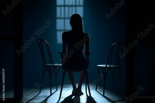 silhouette of a women in depress with dark gloomy light. Content created with generative AI software