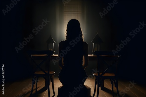 silhouette of a women in depress with dark gloomy light. Content created with generative AI software