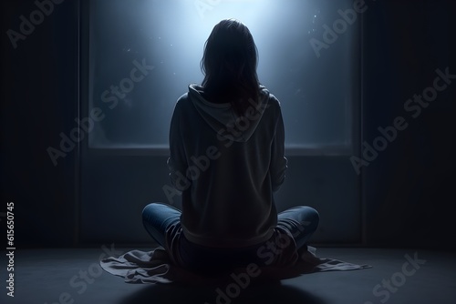 silhouette of a women in depress with dark gloomy light. Content created with generative AI software