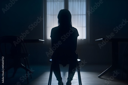silhouette of a women in depress with dark gloomy light. Content created with generative AI software