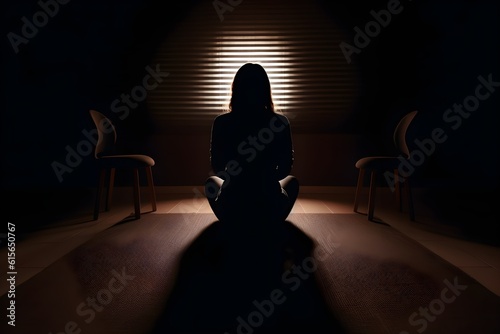silhouette of a women in depress with dark gloomy light. Content created with generative AI software