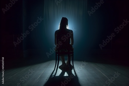 silhouette of a women in depress with dark gloomy light. Content created with generative AI software